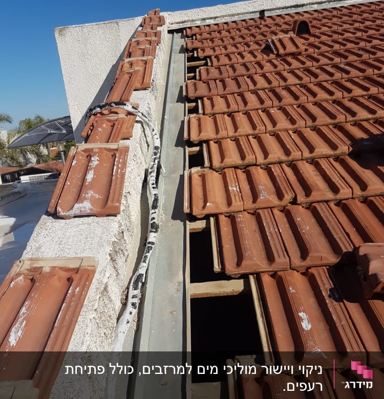 רעפים חומים על גג עם חלקים חסרים